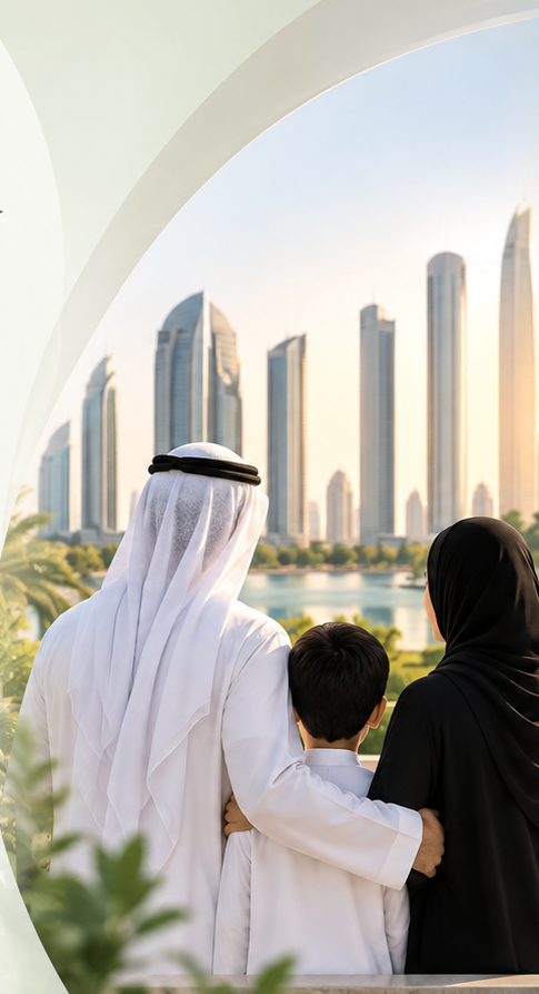 Family overlooking Abu Dhabi skyline